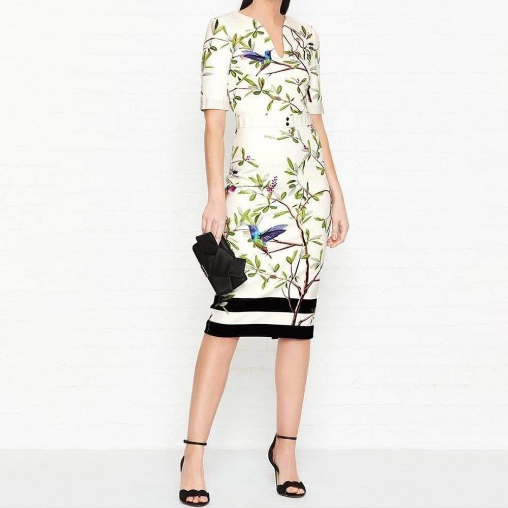 Ted Baker Evrely Hummingbird Print Sheath Dress White Floral Midi Belted Size 3